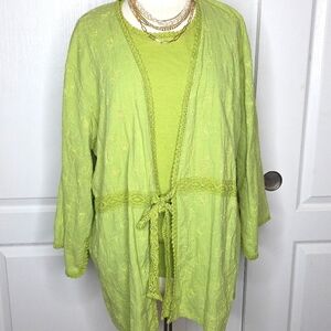 Ulla Popken Plus Size 20 22 Top Green Blouse with Tie Front Lace 2 pc Cotton set